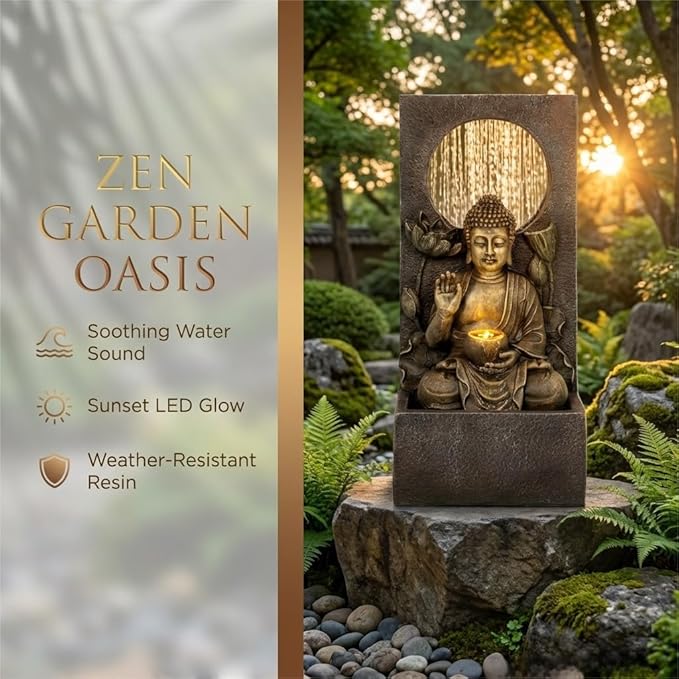 Ferrisland Buddha Waterfall Fountain Outdoor, Freestanding Relaxing Water Fountain, Asian Zen Fengshui Patio Garden Backyard Decking Home Decor, Gift Ideas (Gold, 27.6" H)
