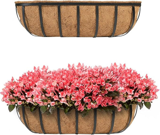 hehimhis 2 Pack 24 Inch Window Planter Box with Adjustable Bracket and Coco Liner for Porch, Balcony Planters Railing Hanging,Fence, Patio Hanging Planters for Garden Outdoor