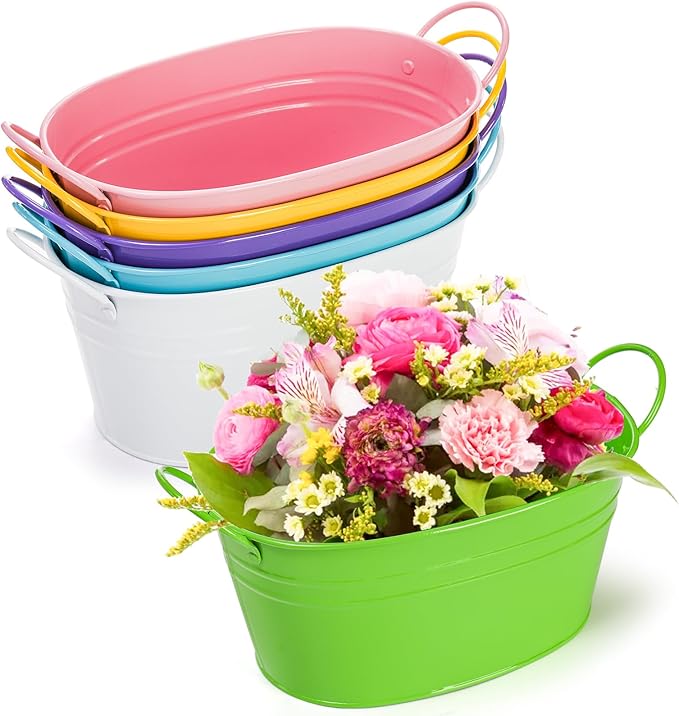 Foraineam Metal Flower Planter Pots Oval Plant Pot Holders with Handles, Floral Arrangement Bucket Tubs, Garden Succulent Cactus Container for Indoor Outdoor Wedding Party Events Decor, 6 Colors