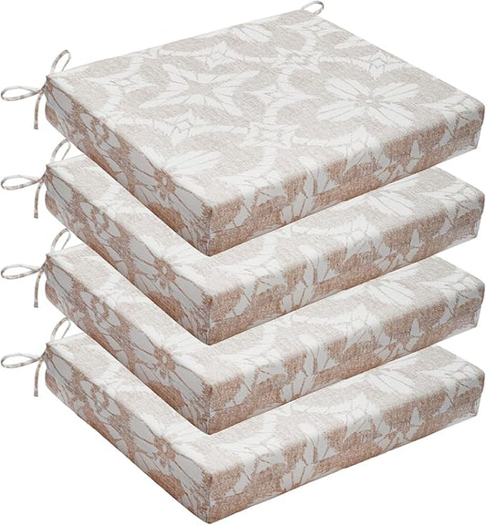 Wellsin Outdoor Chair Cushions for Patio Furniture - Outdoor Cushions for Chairs - Water Resistant Patio Chair Cushions Set of 4, 18.5"X16"X3", Flower Beige