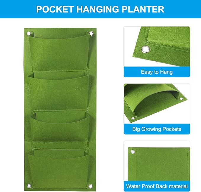 PATIKIL 4 Pockets Vertical Hanging Grow Bags, Wall Hanging Planter Bags Wall-Mounted Felt Fabric Planting Grow Bags for Garden Home Decoration, Green