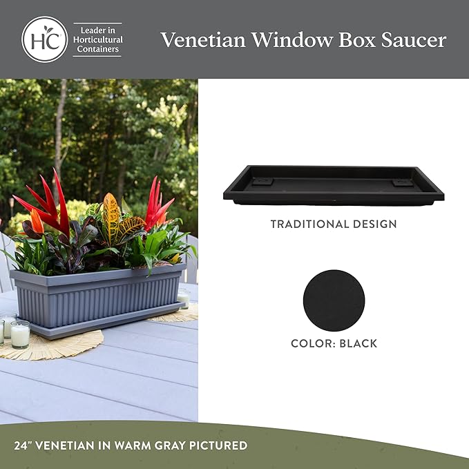 The HC Companies Venetian Rectangular Plant Tray - Lightweight Plastic Plant Saucer - Plant Drip Trays for Drainage - UV Resistant Pot Saucer for Indoor & Outdoor Use (29.5" Black, Pack of 1)