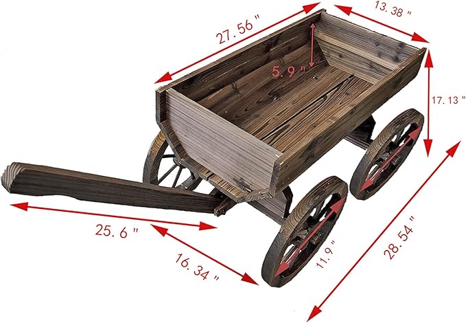 Wood Wagon Planter for Outdoor Balcony Decor - Garden Rustic Wooden Flower Cart with Wheels for Outside - Garden Decor - Amish Decorative Indoor - Wheelbarrow Planter for Patio