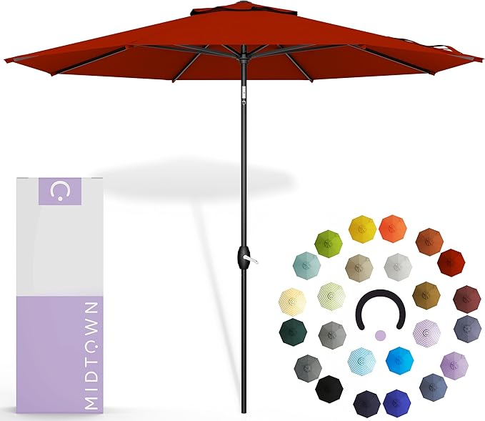 Midtown Umbrellas - 10-Year-No-Fade 8 Ft Patio Umbrella with Terylast Fabric, Auto-Tilt Aluminum Frame and 8 Reinforced Ribs for Deck, Pool, Garden & Beach - Apple Red Canopy, Black Pole