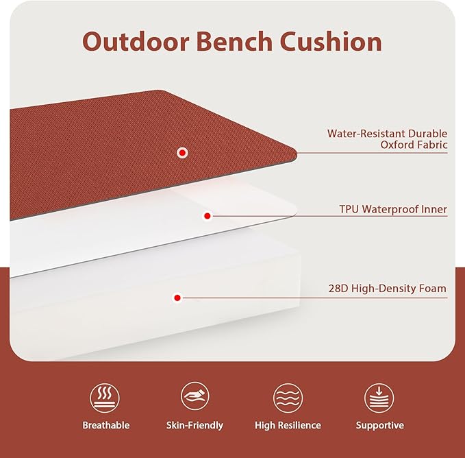 Favoyard Outdoor Bench Cushion 59 x 18 Inch Waterproof Patio Furniture Cushions 3-Year Color Fastness Garden Sofa Settee Couch Swing Pads with Handle and Adjustable Straps, Spice