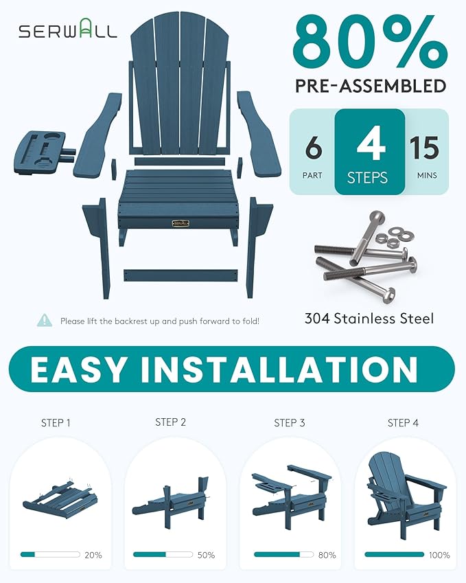 SERWALL Folding Adirondack Chair, Patio Adirondack Chairs with 4 in 1 Cup Holder, Weather Resistant Patio Chair, Plastic Fire Pit Chair for Outdoor, Garden, Backyard, Deck - Blue