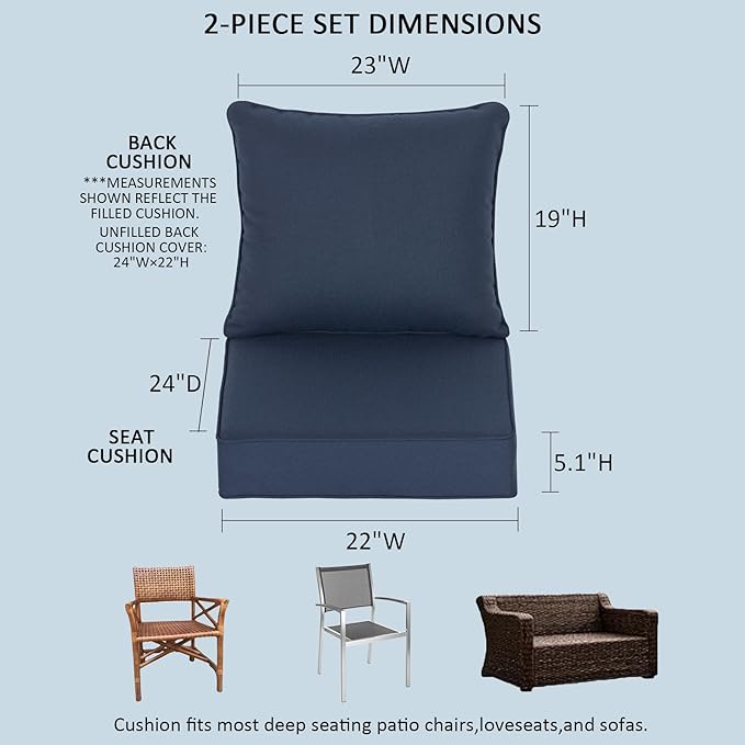 22x24 Inch Outdoor Deep Seat Cushions Set of 2,Thick High-Density Foam, Water-Resistant, Piped Edges & YKK Hidden Zipper for Patio Furniture,Blue