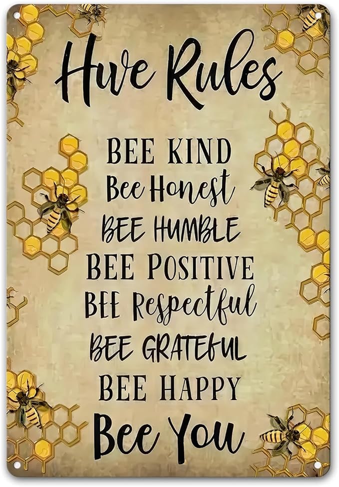 Vintage Hive Rules Metal Tin Sign "BEE KIND BEE HUMBLE Bee POSITIVE BEE Bee Respectful BEE GRATEFUL BEE HAPPY Bee You" Retro Wall Decor for Home Cabin Yard Backyard Decorations (8x12 Inch)