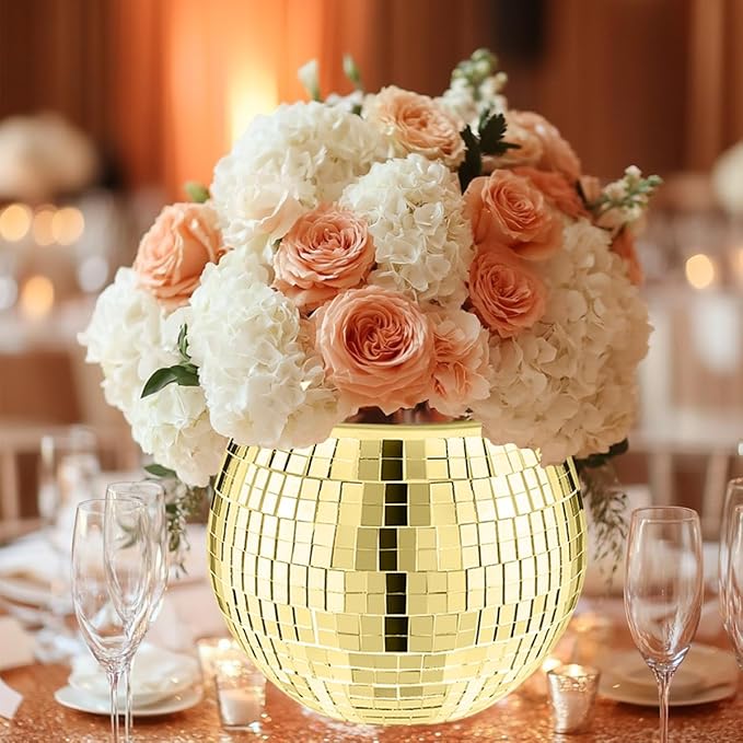 2 Pcs Disco Ball Vase,4.4 x 6 Inch Mirrored Disco Ball Planter,Disco Ball Candle Holders Perfect Disco Decorative Planters for Living Room Bedroom Table Wedding Party Birthday(Gold)