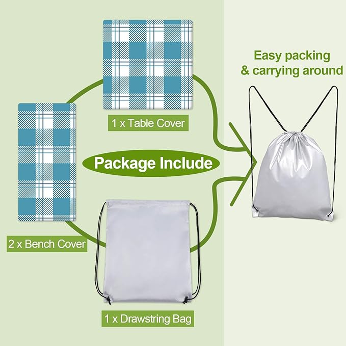 Picnic Table Cover with Bench Covers 6FT 3 Pcs Waterproof Windproof Aesthetic Camping Tablecloth with Drawstring Bag, Fitted for 6 Foot Rectangle Tables and Seats, 72 inch, Teal Checkered