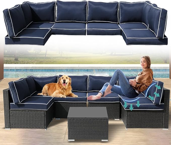 Outdoor Cushions for Patio Furniture,14Pieces Water-Resistant Replacement Cushions Fits 6-seat Sectional Rattan Conversation Set Outdoor Patio Sofa Cushion,Liner&Cover(Navy Blue+White Edges)