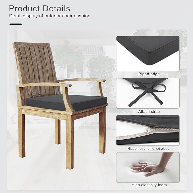 Favoyard Outdoor Chair Cushions 17"W x 16"D x 2"T Set of 4 Patio Chairs Cushions 3-Year Fade Resistant & Waterproof Cushions for Outdoor Furniture with Hidden Zipper, Attach Straps for Dining Chairs