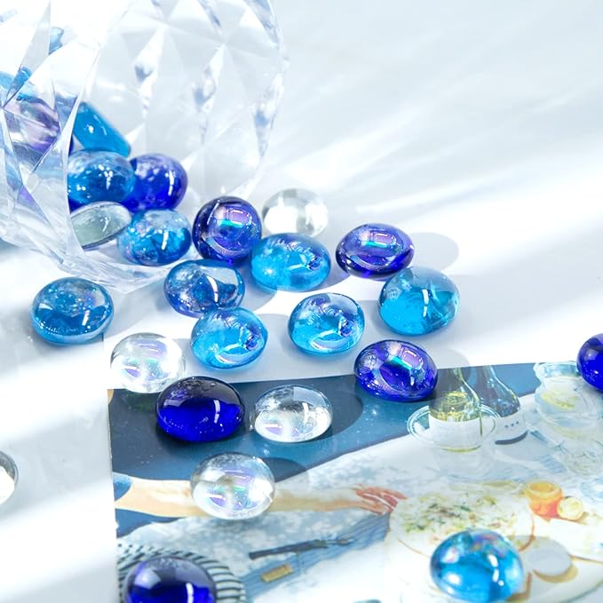 DomeStar 65PCS Iridescent Blue Flat Marbles, Decorative Glass Pebbles Beads Vase Fillers Decorative Fish Tank Aquarium Rocks for Centerpieces Table Decor