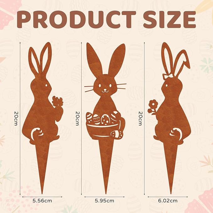 Easter Metal Bunny Garden Stake Outdoor 3 Pack Realistic Rust Rabbit Decorative Metal Garden Statues Stakes Yard Art Ornament Easter Bunny Stake Sign for Flowerbeds Planters Patios Lawn