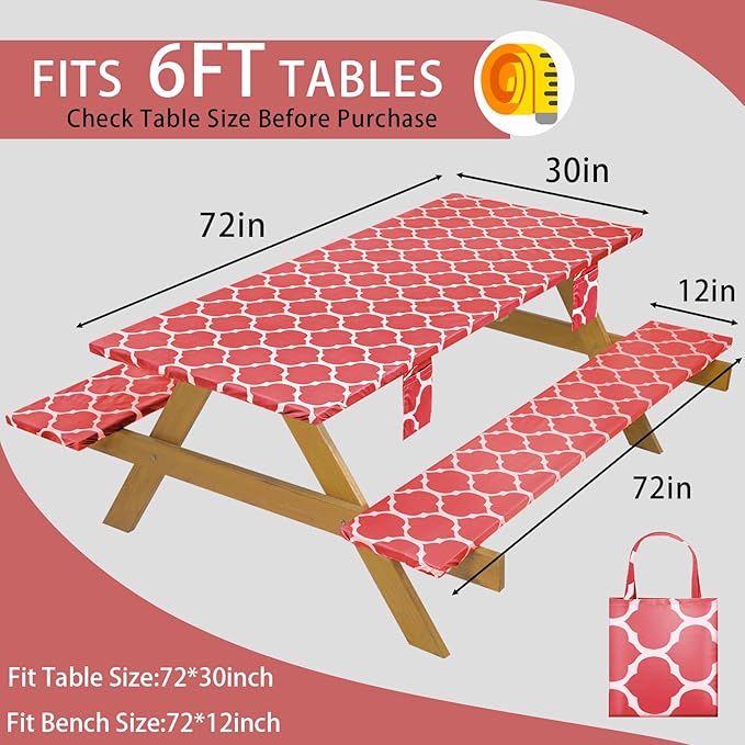 Fitted Waterproof Picnic Table Cover with Bench Covers Elastic Heat Resistant Outdoor Camping Tablecloth for 6 Foot Dinning Rectangle Tables Summer Rv Patio Garden Road Trip Essential Gift