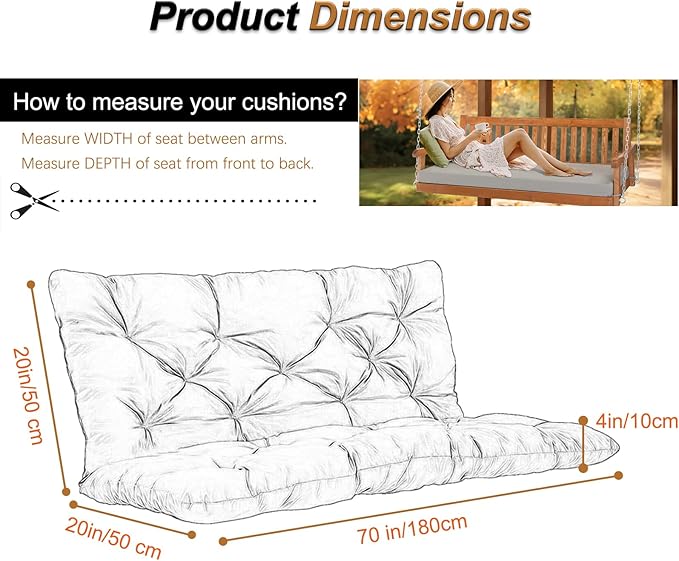 2-3 Seat Swing Replacement Cushion, Outdoor Bench Cushions with Backrest Thicken 4", Patio Furniture Garden Porch Loveseat Glider Pad Anti-Fading Waterproof (Black, 40x70in)