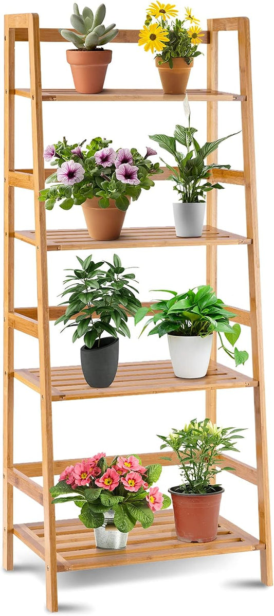 Giantex 4-Tier Bamboo Plant Stand Flower Pots Holder Display Shelf, 47.5inch Ladder Shelf Plants Organizer Rack for Patio Balcony Garden Home, Bookcase Planter Storage Shelving Unit Indoor Outdoor