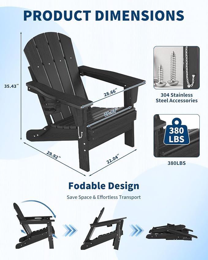 Folding Adirondack Chair Set of 5, All-Weather HDPE Outdoor Chair, Wooden Textured with Cup Holder for patios, Decks, Gardens, fire pits, Black