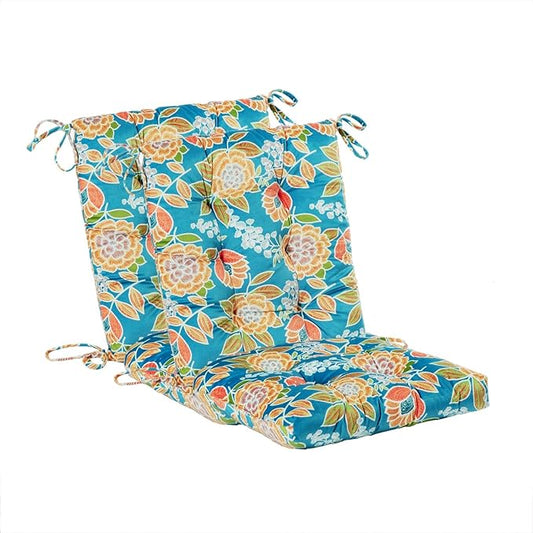 Outdoor Patio Cushion, Rocking Chair Cushion, Tufted Pads, Set of Upper and Lower with Ties Pack of 2 (2 Sets) - Back 20"×17", Seat 17"×17" (Green Bottom Flowers)