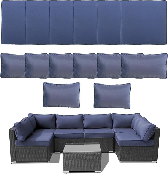 14Piece Outdoor Sofa Cushion Replacement, Patio Furniture Waterproof Cushion with Zippers, fit 6-Seat Outdoor Wicker Rattan Sectional Couch (Dark Blue, 24.8"x24.8"x3.15")
