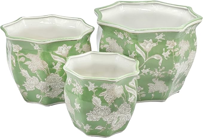 Galt International Green & White Round Fluted Floral Porcelain Ceramic Plant Flower Planter Pot Set of 3 (7.5", 10", 13") Garden Pots Chinese Asian Design
