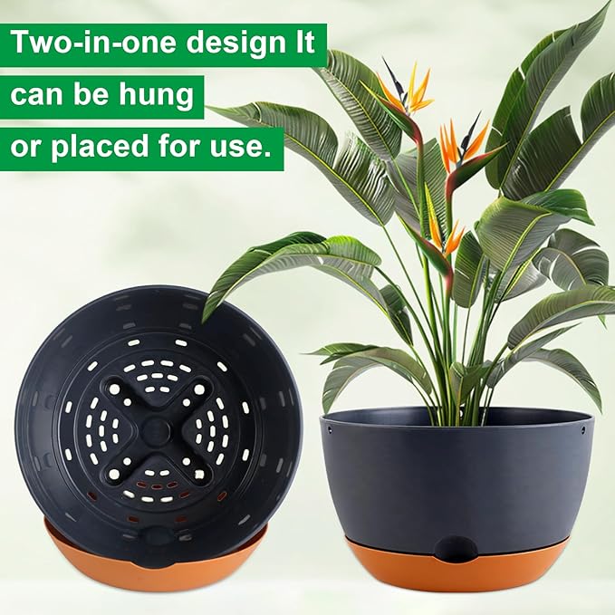 4 Pack Self Watering Pots for Indoor,8 Inch Plant Pot Outdoor Plastic Flower Pot with Drainage and Saucers(Grey)
