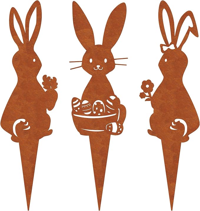 Easter Metal Bunny Garden Stake Outdoor 3 Pack Realistic Rust Rabbit Decorative Metal Garden Statues Stakes Yard Art Ornament Easter Bunny Stake Sign for Flowerbeds Planters Patios Lawn