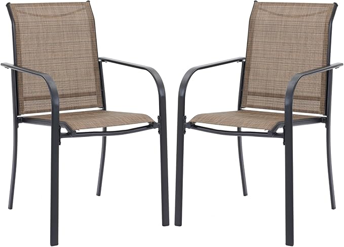 VICLLAX Patio Stackable Dining Chairs Set for 2, Outdoor Sling Chairs with Metal Frame for Front Porch Balcony Backyard Garden and Deck, Brown