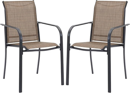 VICLLAX Patio Stackable Dining Chairs Set for 2, Outdoor Sling Chairs with Metal Frame for Front Porch Balcony Backyard Garden and Deck, Brown