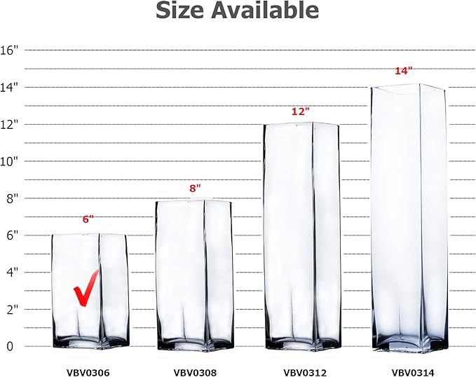 WGV Tall Square Vase Glass Block Bulk, Length 3", Height 6", Clear Bud Floral Container, Candle Holder, Planter Terrarium for Wedding Party Event, Home Office Decor, 24 Pieces