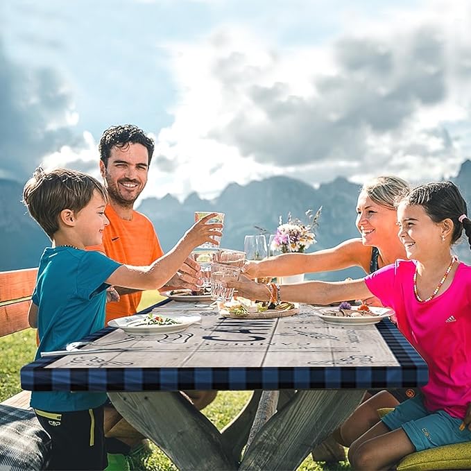 Picnic Table Cover with Bench Covers Elastic Edges, Beige Camper Fitted Table Cover, Outdoor Patio Camping Essentials 72 Inch 3PCS, Waterproof Camping Fitted Tablecloth with Drawstring Bag