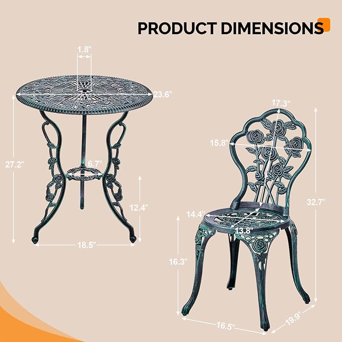 Outvita Patio Table and Chairs Set, Cast Aluminum Outdoor Cafe Table and Chairs Set of 3, Stability Patio Bistro Sets with Umbrella Hole for Garden, Patio, Balcony, Rose Pattern Bronze