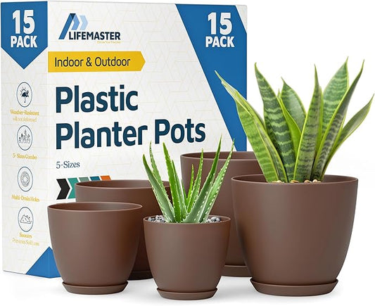 Brown Plant Pots with Drainage Holes & Saucers 15 Pack, Indoor & Outdoor Stackable Space-Saving Planters for Houseplants & Flowers, (7", 6.7", 6", 5.3", and 4.8" Inches), Durable & Weatherproof
