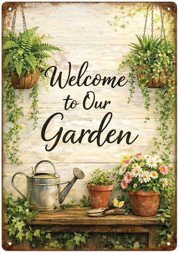 Gardening Gifts Welcome to our Garden Vintage Garden Signs for Home Garden Greenhouse Living Room Bedroom Yard Backyard Outdoor Decor 8X12 Inch