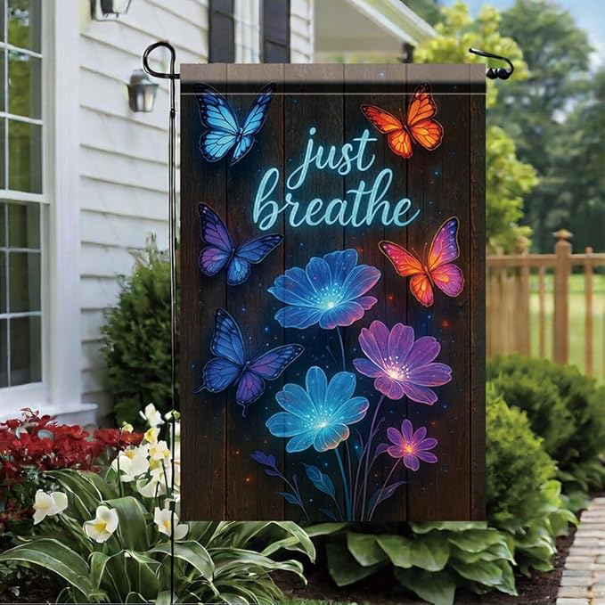 Just Breathe Garden Flag 12x18 Inch Double Sided Outdoor Yard Banner Blue and Orange Butterflies with Glowing Flowers Inspirational Quote Decor for Spring Summer Garden Decoration