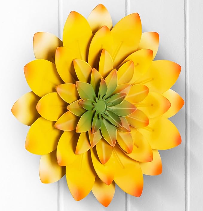 Everydecor Succulent Metal Flowers Wall Decor – Yellow, Hand Painted, 3D Flower Art Decoration for Living Room, Bedroom, Kitchen, Bathroom - Floral Decor for Indoor & Outdoor Use