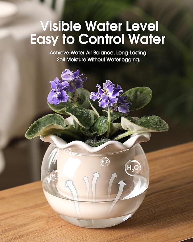 6 Inch African Violet Pots Maintenance, Glass Self-Watering Planter for Indoor Plants - Ideal Flower Pot for Thriving Indoor Gardens, Pots Only (Version 2)