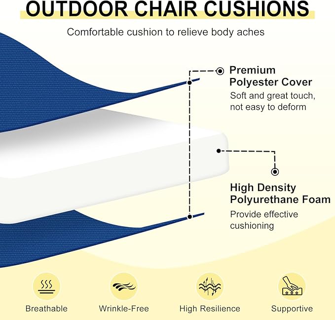 downluxe Outdoor Chair Cushions Set of 4 for Patio Furniture, Water-Resistant Patio Chair Cushions with Ties, High Density Foam Outdoor Seat Cushion, 17" X 16" X 2", Royal Blue