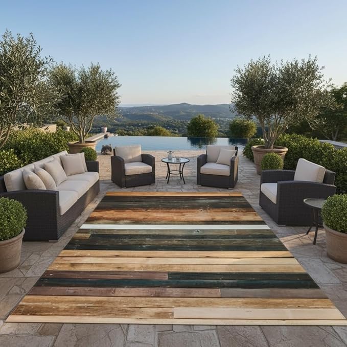 Vintage Rustic Wooden Board Outdoor Rug 10x14 Natural Wood Grain Waterproof Outdoor Area Rug for Balcony Porch Patio Deck Farmhouse Reversible Durable Outside Carpet Non Slip Indoor Outdoor Floor Mat