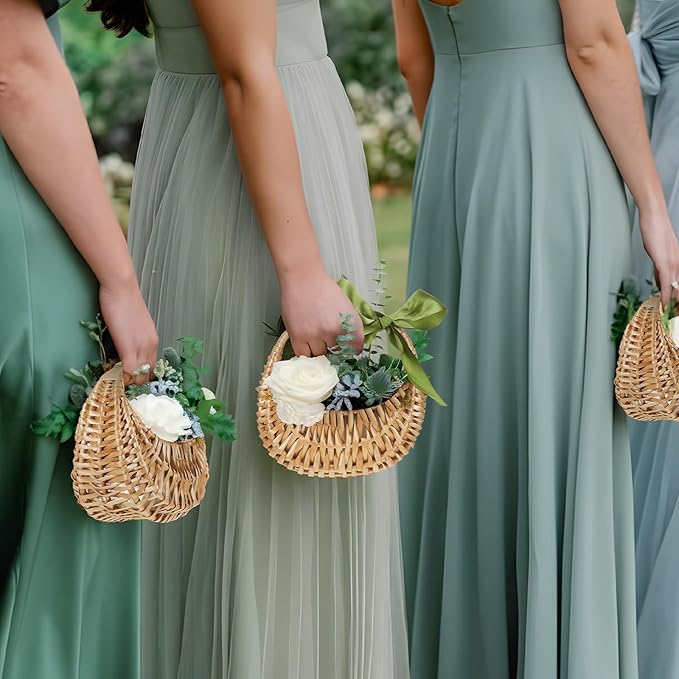 Taiyin Rattan Flower Girl Basket Small Half Moon Straw Wicker Basket with Handle Ideal for Wedding Flower Girl,Picnic,Garden Storage and Home Decor (Green Ribbon)