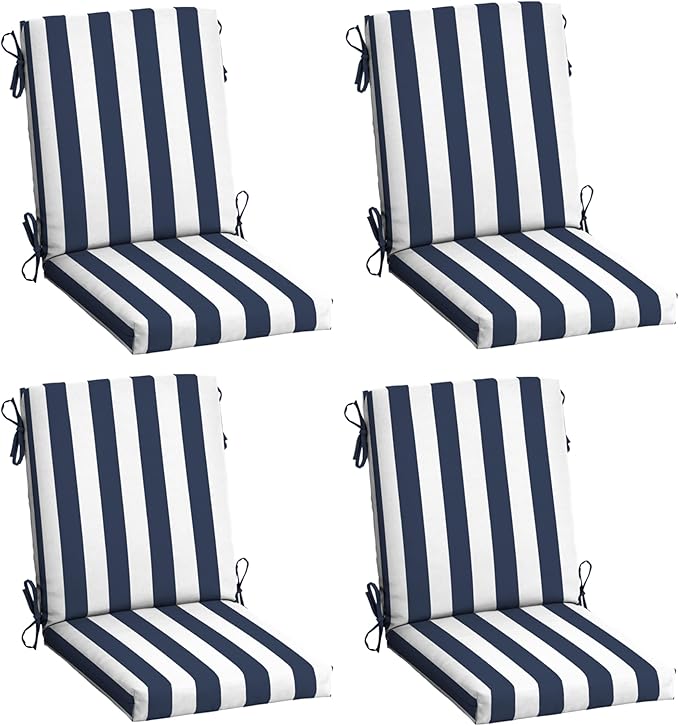 Arden 4-Pack Outdoor Patio Dining Chair Cushion, 20x44, Rain-Proof Seat Pad, Fade-Resistant Outdoor Cushion Sapphire Blue Cabana Stripe