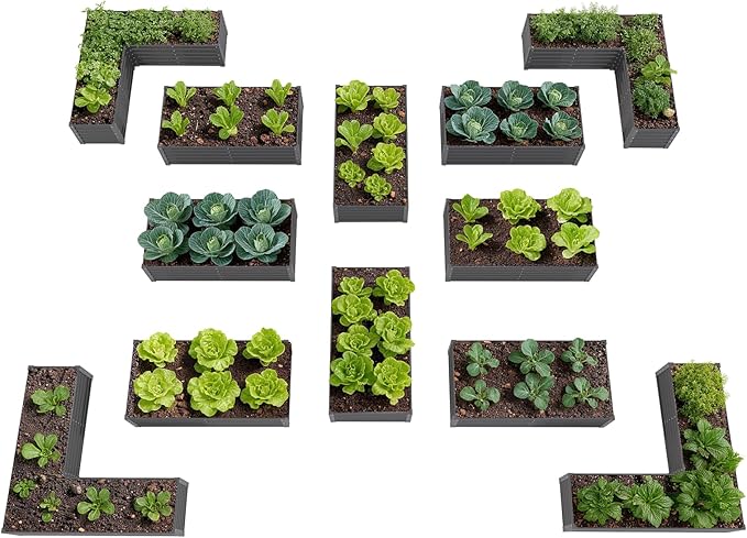 A ANLEOLIFE 12-Piece 18 Inch Tall Raised Garden Beds Kit, Rectangular & L-Shaped Combo Metal Planters – Ideal for Backyard DIY Creative Layouts, Quartz Grey