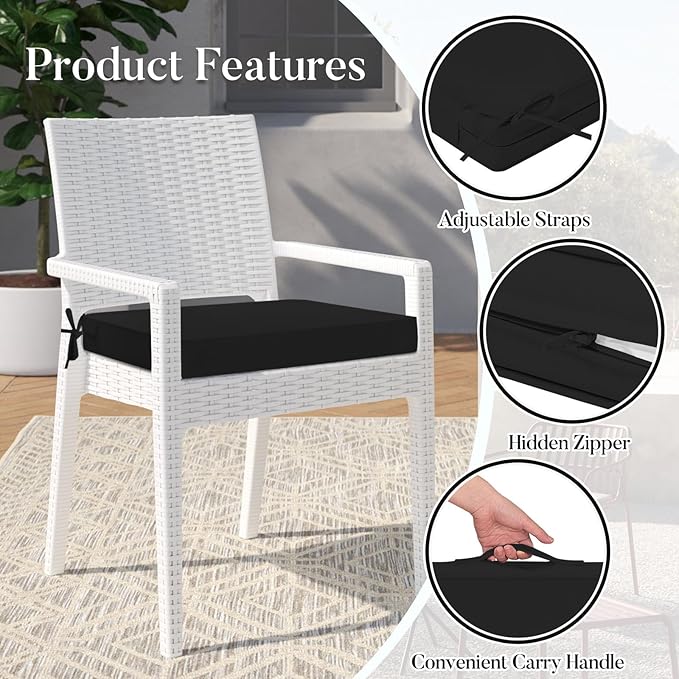 Basic Beyond Outdoor Chair Cushions for Patio Furniture, Waterproof Outdoor Seat Cushions Set of 4 19 x 19, Patio Chair Cushions Set of 4 with Ties and Handle, Black
