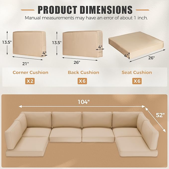 Betterland Outdoor Cushions for Patio Furniture, Replacement Patio Cushion for Outdoor Sectional, Water-Resistant and Spongy Cushions for Patio Sofa Sets, Brown
