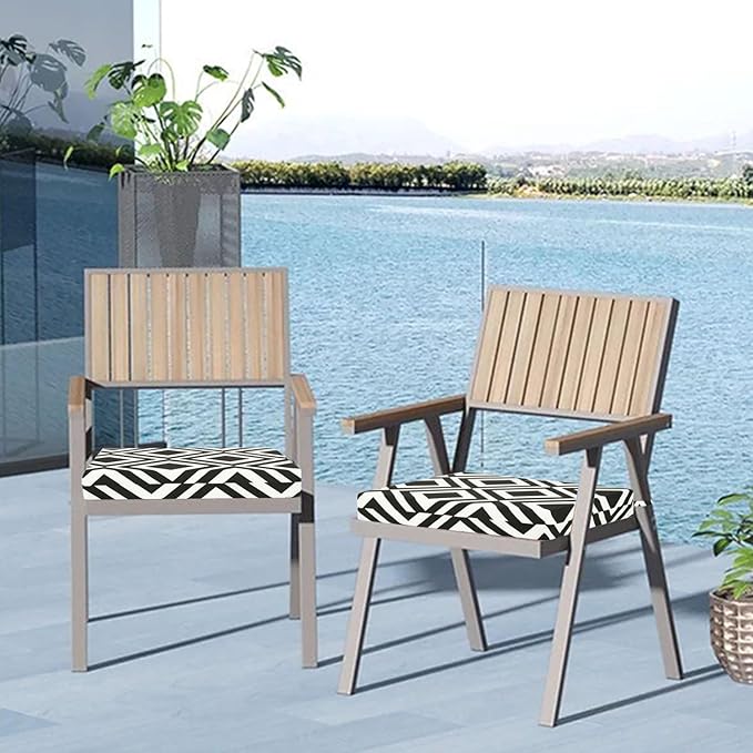 Cozyide Outdoor Chair Cushions, Waterproof Patio Seat Cushions with Adjustable Straps, Square Corner Patio Chair Cushions for Garden, Black Geometry, 18.5x16x3 Inch (Pack of 4)