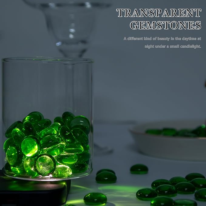50PCS Mini Glass Gems,Green Mancala Stones Flat Bottom Marble Beads for Home Decorative Art Craft Vase Filler(0.5"~0.7")