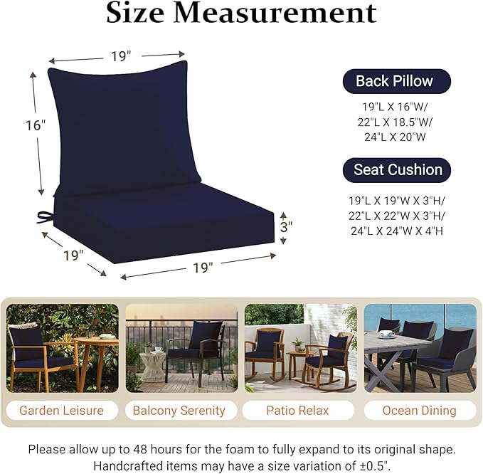 downluxe 19x19 Outdoor Chair Cushions, Waterproof Fade Resistant Patio Furniture Cushions with Handle & Removable Cover, Deep Seat Outdoor Cushions for Sofa, Couch and Patio Chairs, Navy