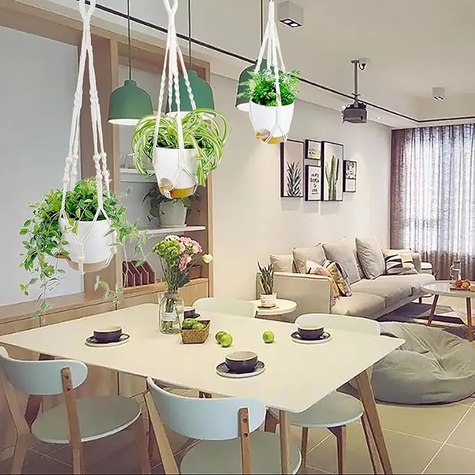 Hanging Planters with Macrame Plant Hangers for Indoor Outdoor Plants, 3 Set Hanging Baskets Flower Pots Holders 35''/27''/21'', Self-Watering Pots 7''/6''/5.5'', Boho Home Decor, White
