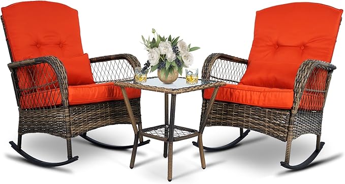 Wicker Rocking Chairs Set of 2, Rattan Patio Rocking Chairs, All-Weather Rocking Lawn Wicker Furniture for Porch Deck Garden Backyard(Red)