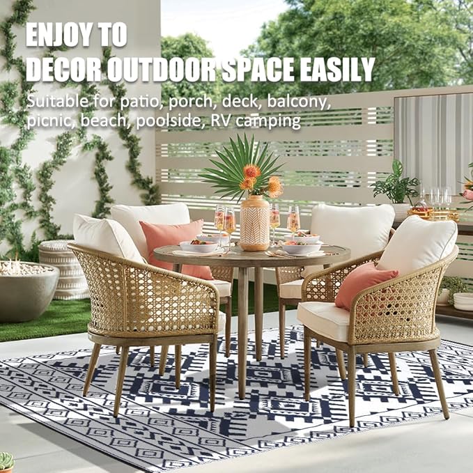 Pendolr 5’x8’ Outdoor Rug Waterproof Carpet Patio Mat Outdoor Plastic Straw Rug Camping Rug Reversible Outside Outdoor Area Rug for Balcony Deck Backyard RV Picnic Beach Navy&White 03#